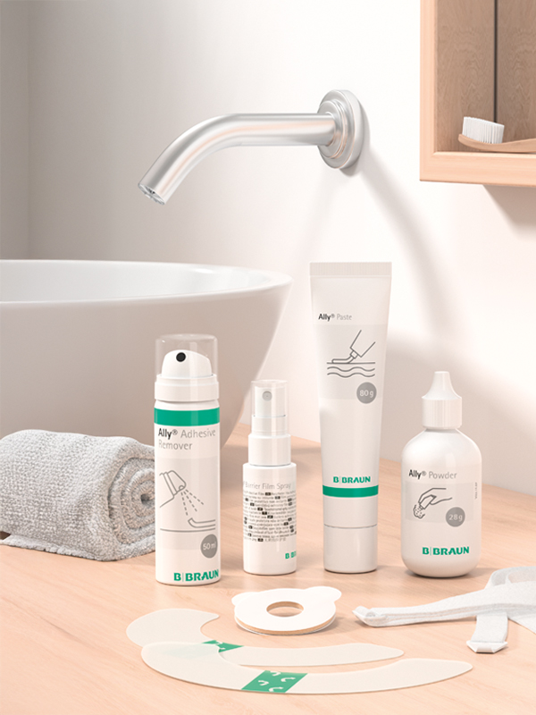 Ally Paste, Ally Powder, Ally Rings, Ally Wafer extension displayed on a surface in a private bath room.