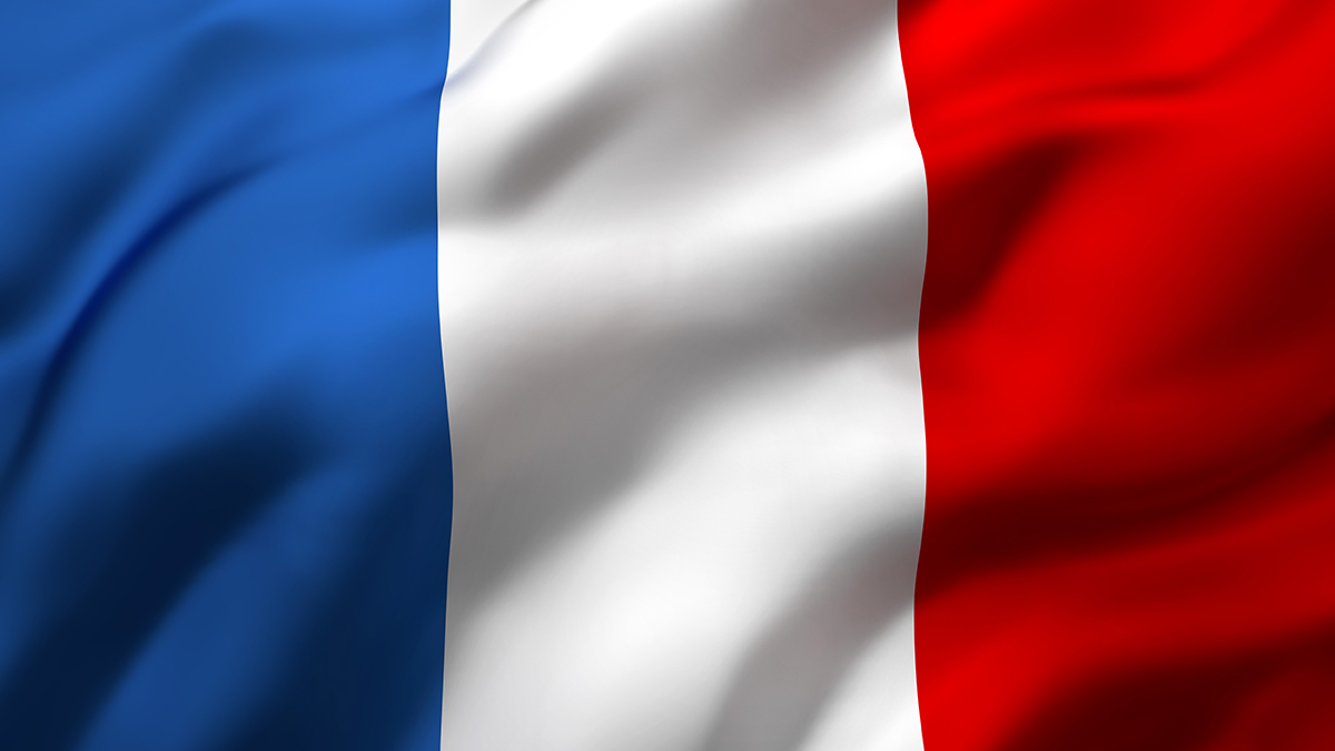 Flag of France blowing in the wind. Full page French flying flag. 3D illustration., Flag of France blowing in the wind. Full page French flying flag