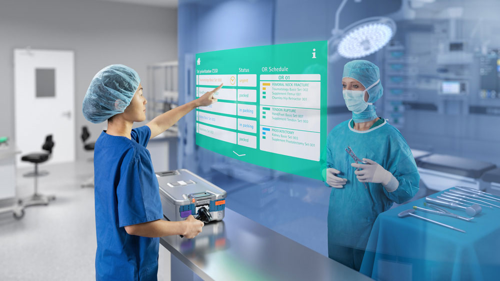 A healthcare professional is shown standing proudly with a sustainable-produced medical container.