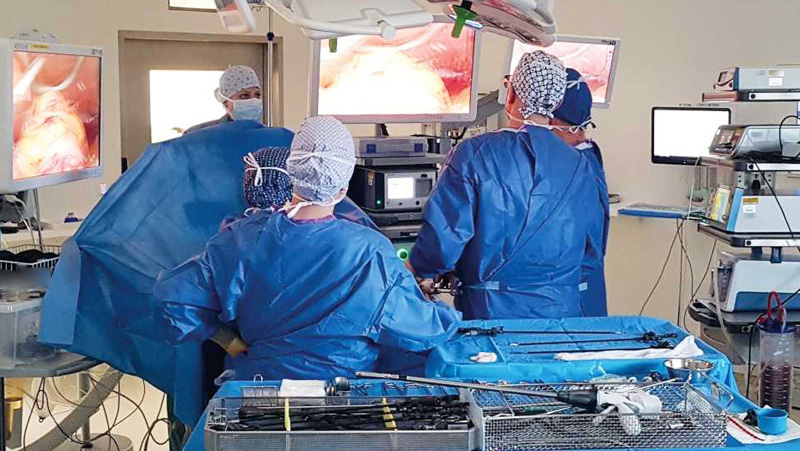 Operating room with laparoscopic surgeons at Konstanz hospital